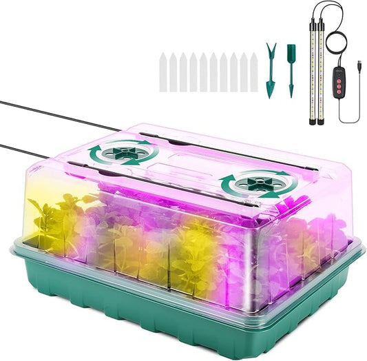 48 Cell Seed Starter Tray with Grow Light, Seed Starter Kit with Adjustable Humidity Dome, Seed Starting Trays Plant Starter Kit for Seeds Growing Starting, Indoor Gardening, Greenhouse