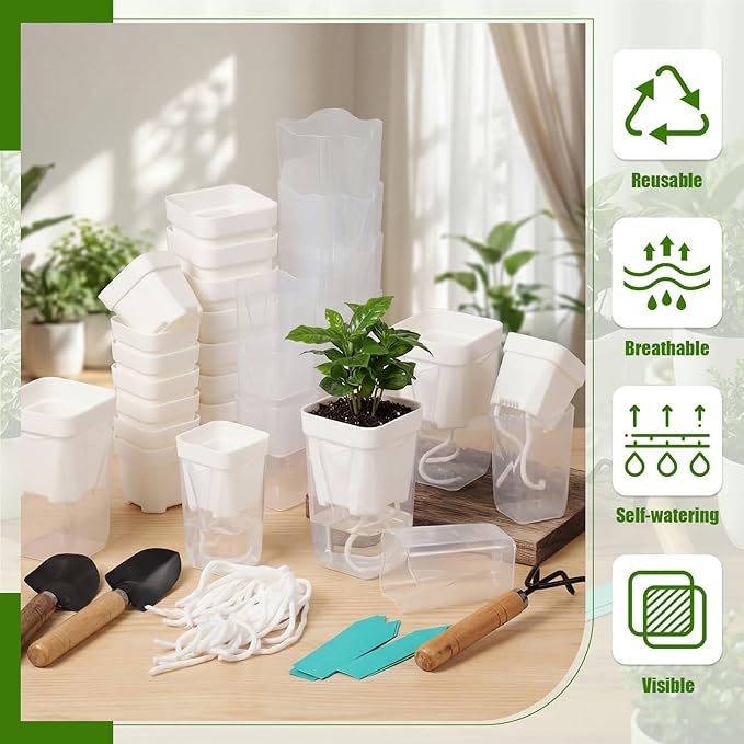 30 Pack 2" 2.5" Small Self Watering Pots for Indoor Plants Clear Mini Self Watering Plant Pot with Water Level Drainage Holes 30 Plastic Label 3 Planting Tools Rope for Propagation Succulent