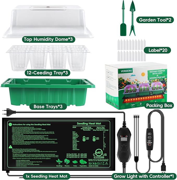 Verdenu 3PK Seed Starter Tray with Grow Lights and Tempe-Control Heat Mat, 36-Cell Large Seedling Starter Kit with Humidity Dome, Adjustable LED Lighting for Seed Germination,Temperature Adjustable
