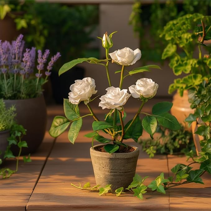 Rose in Pot Decor Potted Artificial Flowers Mini Plants Faux Flowers Indoor Small Decor Fake Roses for Home, Bathroom, Kitchen, Offices, Wedding Party Centerpieces (Rose White)