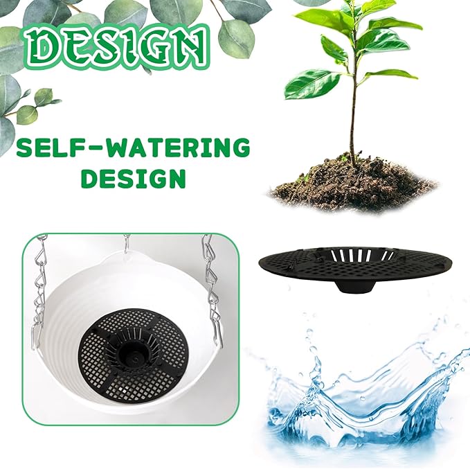 Srmayyi 4 Pack 8 inch Plastic Self Watering Hanging Planters,Round Hanging Basket Planter with Drainer and Metal Chain,White Garden Flower Plant Pot Container for Indoor Outdoor Plants