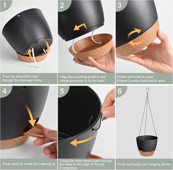 Vanslogreen Hanging Planters for Indoor Outdoor Plants, 1 Set Self Watering Hanging Pot with Drainage Holes & Removable Tray (Black-12inch, 12'')