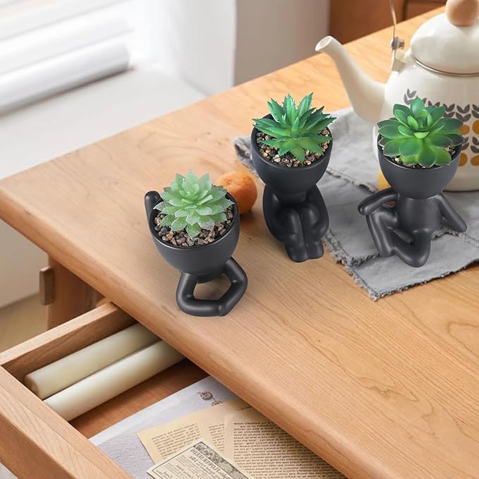 3 Pcs Succulent Artificial Plants Indoor Fake Plants for Office Desk Bathroom Bedroom Room Aesthetic Decor Accessories with Cute Creative Humanoid Ceramic Planter