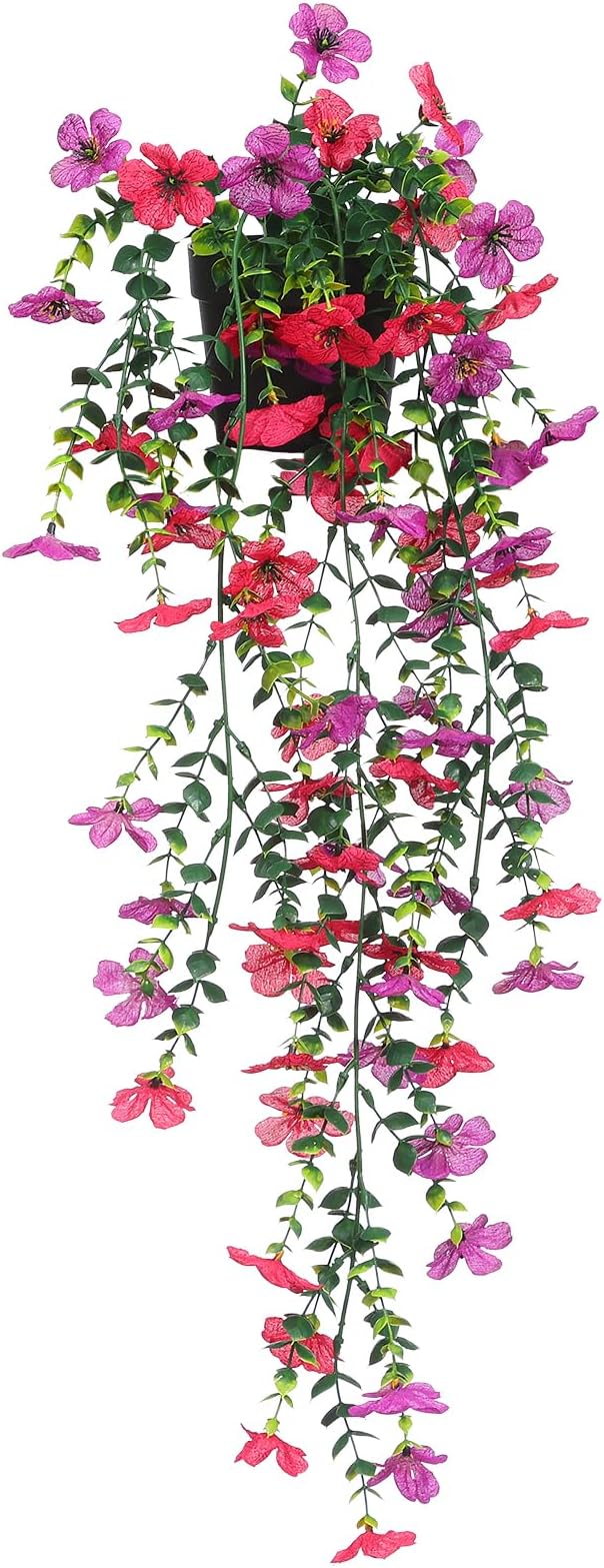 Fake Plants Hanging Artificial Potted Faux Eucalyptus Plants and Flowers for Modern Boho Farmhouse Bathroom Office Desk Wall Book Shelf Living Room Aesthetic Decor Indoor (Purple & Rose Red)