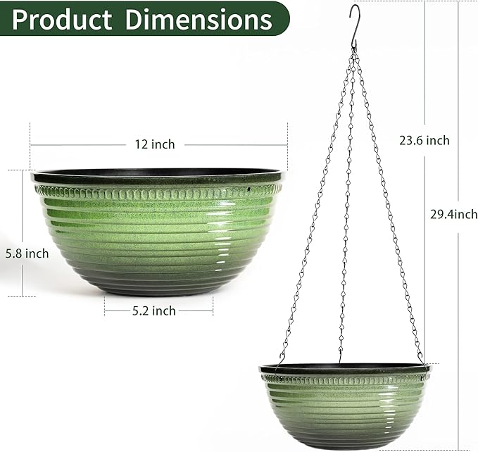 Vanslogreen 12 inch Hanging Planters for Indoor Outdoor Plants, 2 Pack Large Hanging Flower Pots with Drainage Holes and Chain, Glazed Hanging Baskets for Home Garden Decoration, Green