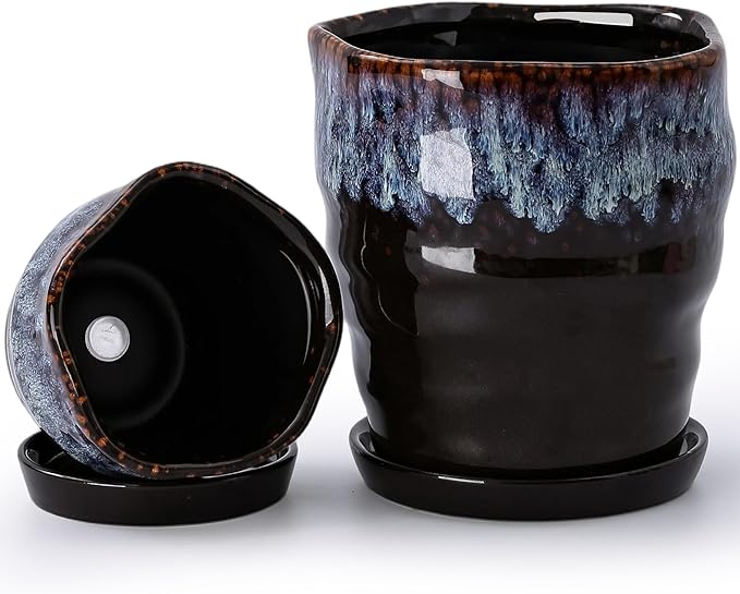 Set of 2 Reactive Glaze Ceramic Planters with Drainage Holes & Saucers - 4 + 6 Inch Unique Irregular Round Flower Pots for Indoor Outdoor Plants, Succulents, Orchids - Reactive Glaze Spot