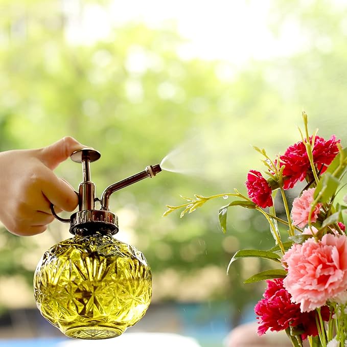 Hniuyun Glass Plant Mister Spray Bottle, 6.5inch Tall Vintage Round Spritzer with Bronze Plastic Top Pump for Watering Your Garden (Yellow)