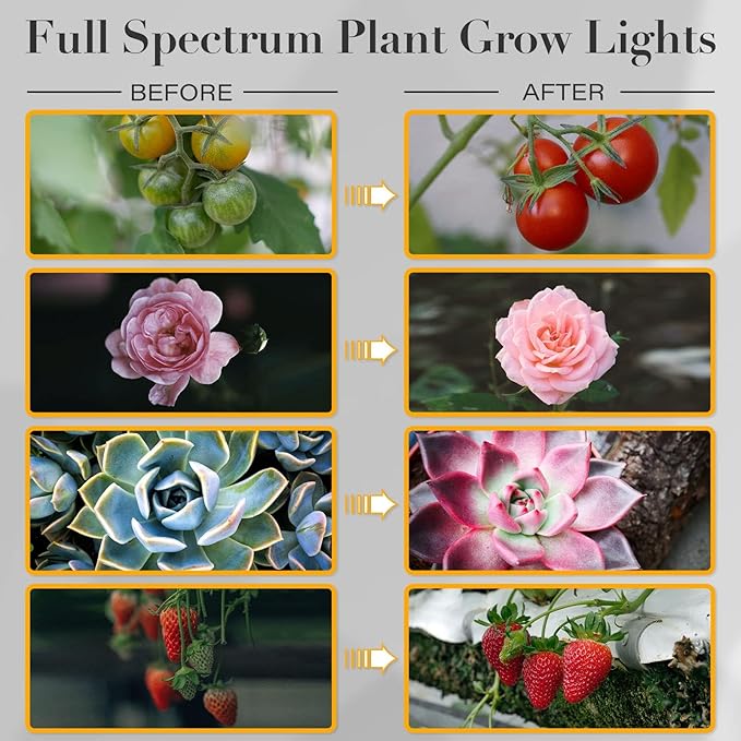 iPower LED Grow Light with Full Spectrum for Indoor Plants, Adjustable Gooseneck, 2/3 Light Modes&5/10 Dimmable Levels, 3 Auto Timing Modes, 3 Tubes, Yellow