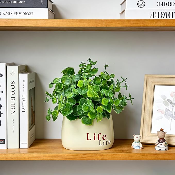 Small Fake Plant in Pot, 7" Artificial Plant Indoor, Fake Eucalyptus Stems with Ceramic Vase, Faux Greenery Eucalyptus Bathroom Decor for House Office Desk