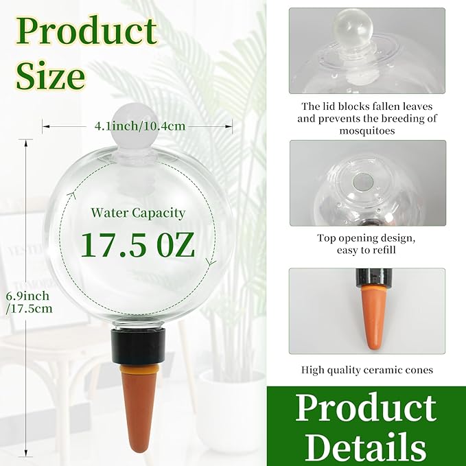 2pcs Plant Self Watering Globes with Covers, Plastic Water Bulbs Top Fill, Plant Watering Devices System Slow Release Terracotta, Water Spikes Stakes for Indoor(2)
