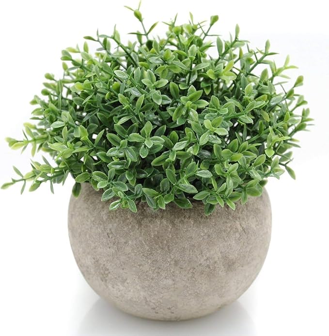 Opps Mini Artificial Plants Plastic Fake Green Grass Flower Topiary Shrubs with Gray Pot for Home Décor – Set of 3 (Green Single)