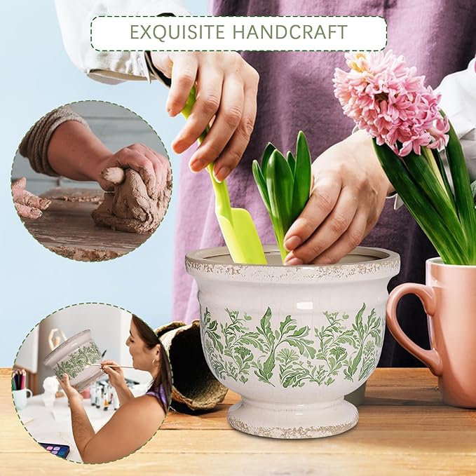 Vintage Ceramic Ice Crack Flower Pot with Drainage Hole Large Rustic Planter for Indoor and Outdoor Unique Antique Pastoral Pot Gardening Gift for Valentine's Day, Home Decors