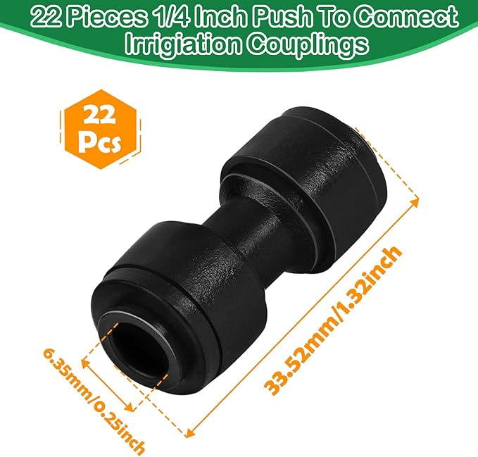 1/4 Inch Drip Irrigation Coupling Fittings, 22 Pieces Push-to-fit Coupling Connectors for 1/4" Irrigation Tubing Leak Free Drip Line Coupler Parts for Garden Lawn Irrigation System