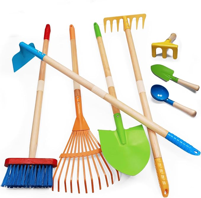 Toddler Gardening Tools, Kids Rake and Shovel Set for Digging Dirt, Children Broom for Outdoor Yard Garden Camping, Montessori Toys for Ages 3 4 5 6 7 8 Years Old (8PCS)
