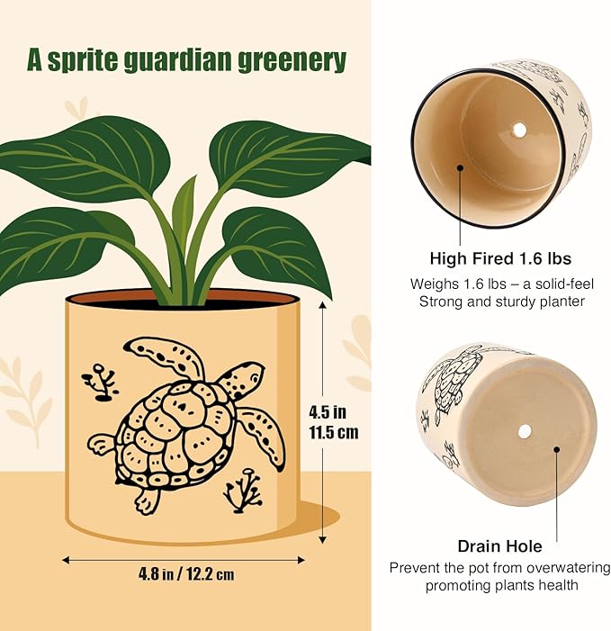 5 Inch Ceramic Plant Pots with Drainage Holes, Small Round Flower Pots for Indoor Plant, Unique Animal Flower Planters (Sea Turtle)