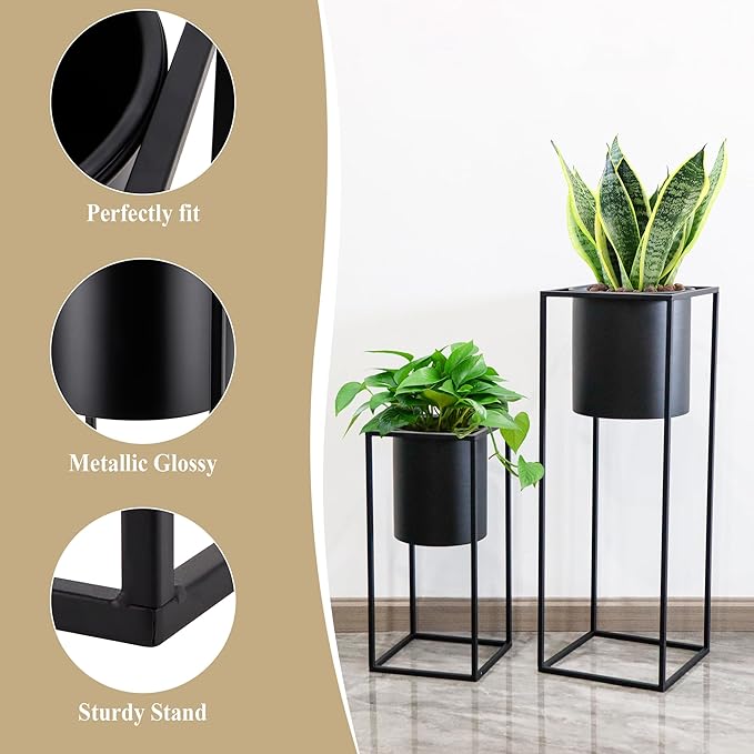 TRIROCKS Set of 2 Planters with Stand Large Metal Planter for Indoor Plants 28 &18" H Plant Pots for Living Room Corner Kitchen Office Garden Balcony Patio Decor(Black)