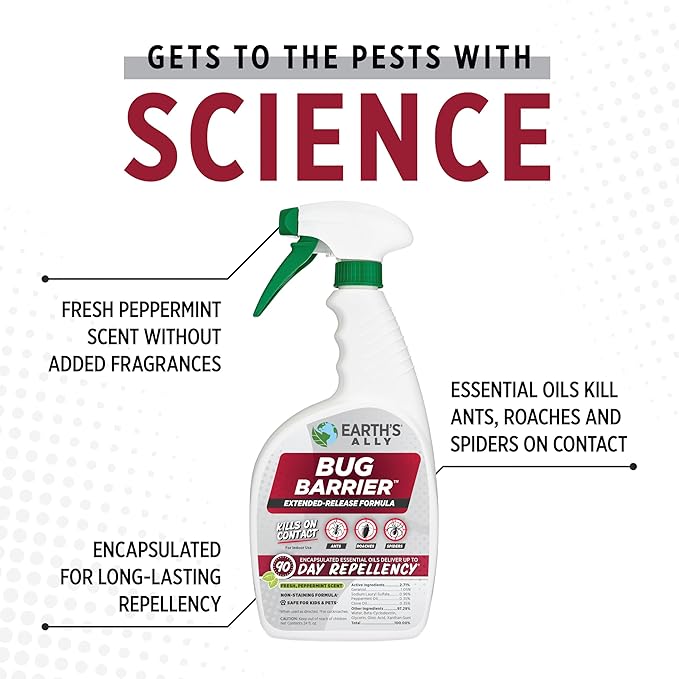 Earth’s Ally Bug Barrier - Plant Bug Spray with Essential Oils Kills Crawling Insects On Contact - Indoor Pest Control for Ants, Roaches, Spiders - Safe for Use Around Kids and Pets - 24 Ounces