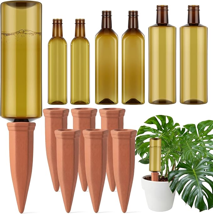 12 Pcs 17oz 25oz 34oz Plant Watering Devices 6 Terracotta Self Watering Spikes 6 Plastic Bottles Slow Release Vacation Planter Insert Automatic Water System for Indoor Outdoor Potted Plant