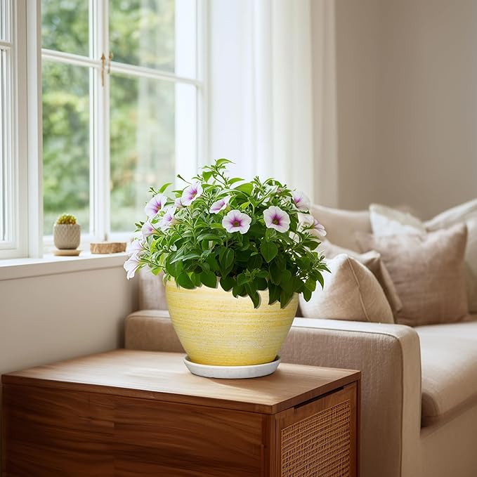 Ceramic Plant Pots - 8 Inch Planter with Drainage Hole and Tray, Decorative Pots for Plants Indoor Outdoor, Round Modern Plant Pot, Apartment Decor, Gifts for Men Women, Textured Yellow