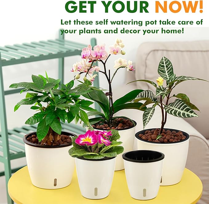 Planterhoma 6.7 Inch Self Watering Pots for Indoor Plants, 4 Packs African Violet Pots with Indicator, Black Wick Pot with Drainage Holes, Self Watering Planters for Orchid, Devil's Ivy, White