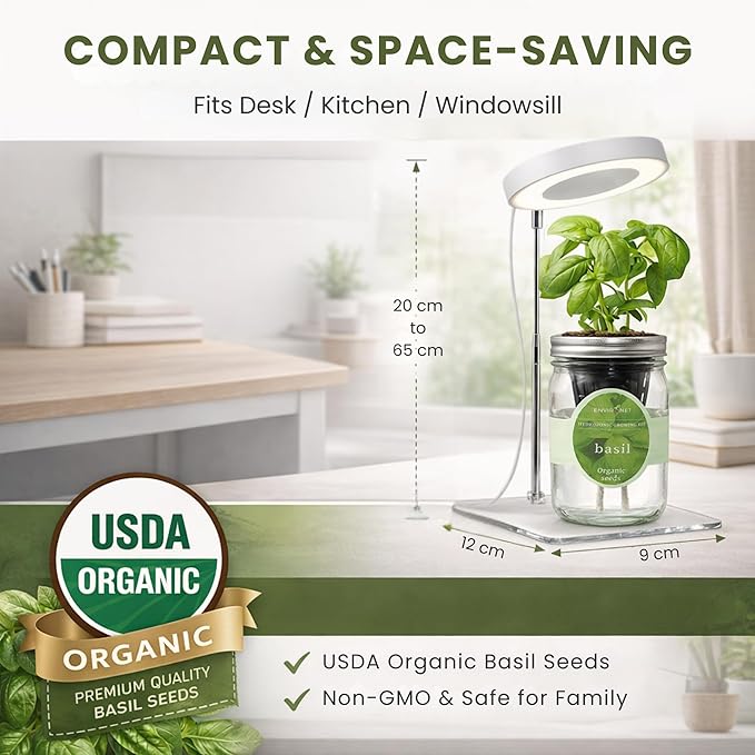 Indoor Herb Garden Kit with LED Grow Light – Hydroponic Mason Jar Basil Growing Kit with Organic Seeds, Self Watering Indoor Gardening System, No Soil Needed, Perfect for Kitchen Windowsill