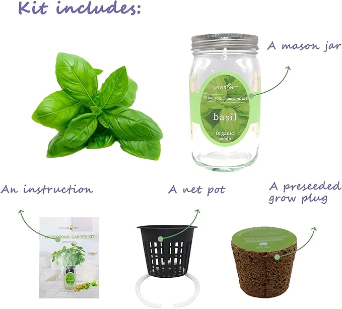 Hydroponic Growing Kit, Self-Watering Mason Jar Herb Garden Starter Kit Indoor, Windowsill Herb Garden, Grow Your Own Herbs from Organic Seeds (Basil)