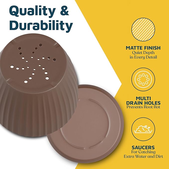 Brown 6-Inch Plant Pots with Drainage & Saucers 3 Pack, Indoor & Outdoor Planters for Houseplants, Herbs, and Flowers, Durable & Weatherproof Material, Stackable, Lightweight, Minimalist Design