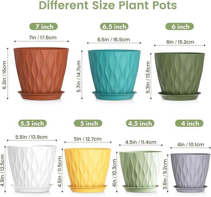 Meowell 7/6.5/6/5.5/5/4.5/4 inch Plant Pots for Indoor Outdoor Plants, 7 Pack Thick Flower Pots with Drainage Holes and Saucers, Modern Wave Texture Small Plastic Planters Nursery Pots, Multicolor