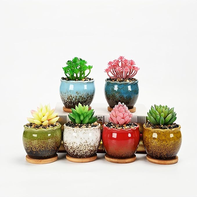 Cute Circular Ceramic Home Garden Decoration Succulent Cactus Flower Pots Container with Bamboo Tray -Plant Not Included (White, 3.9 Inch)