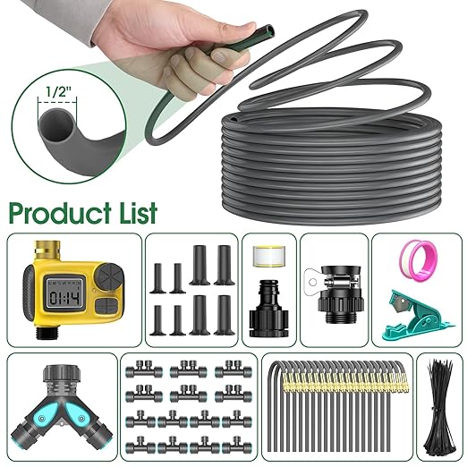 360°Adjustable Drip Irrigation System Kit with Hose Timer - 98FT 1/2" Garden Watering System with 20 Copper Nozzles, Greenhouse Accessories, Irrigation System for Garden,Yard, Lawn, Plant