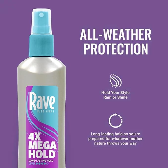 rave 4X Mega Long-Lasting Firm Hold Hair Spray for Heat Protection, Volume and Shine - 24 Hour Hold & Anti Humidity Spray for Hair - Minimizes Frizz - Unscented & Non Aerosol - 11 Fl Oz (Pack of 3)