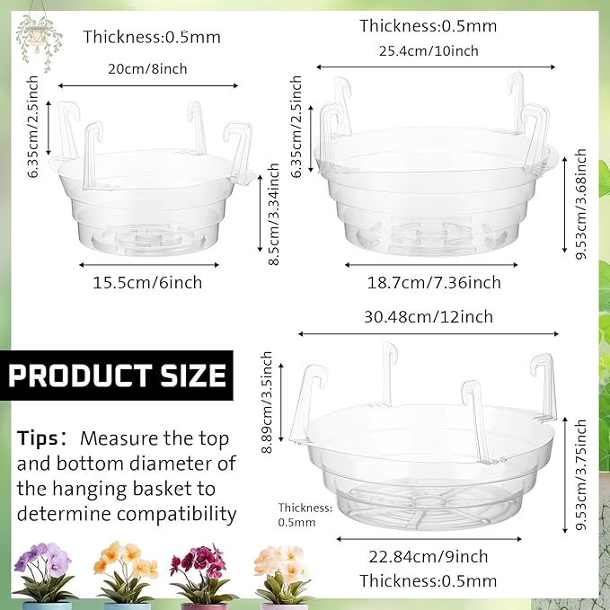Baderke 12 Pcs Hanging Plant Water Catcher Tray Includes 4 Pcs Clear Plastic Plant Saucer Drip Pans for Indoor Outdoor Hanging Basket Flower Pot(8 10 12 Inch)