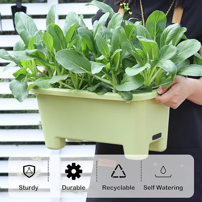 Oliz Self-Watering Rectangle Planter Boxes 8-Pack, 15.7-Inch Window Box Planter with Drainage Holes & Trays, Pots for Vegetables, Herbs, Flowers, Garden Windowsill Balcony (Light Green)