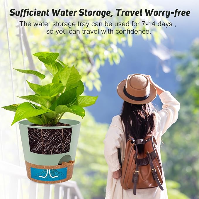 YNNICO 10-Inch Plant Pots, Self-Watering Planters with Drainage Holes & Saucers for Indoor and Outdoor Plants (2-Pack, Green)