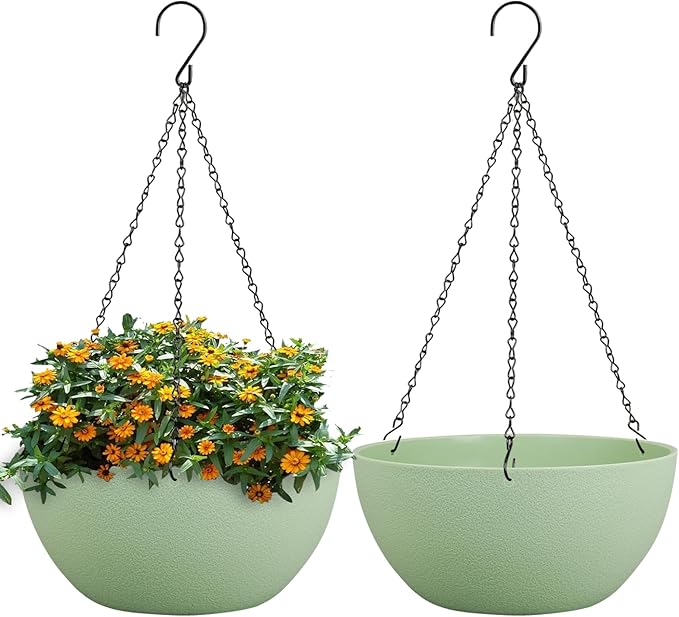 WSMKSZ 13 inch Large Hanging Planters Plant Pots for Outdoor Indoor Plants with Drainage Holes and Chain, 2 Pack Round Hanging Flower Pots for Garden Home Porch Decor, Green