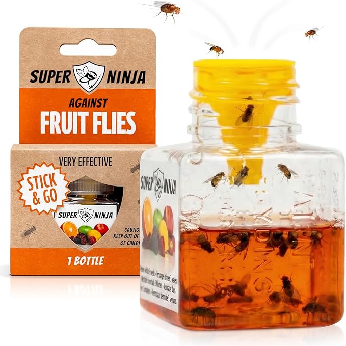 Super Ninja Fruit Fly Traps for Indoors - 1 Pack, Highly Effective Fruit Fly Catcher for Indoor Use for Home & Kitchen, Up to 3 Weeks of Performance per Bottle, Kid & Pet Friendly