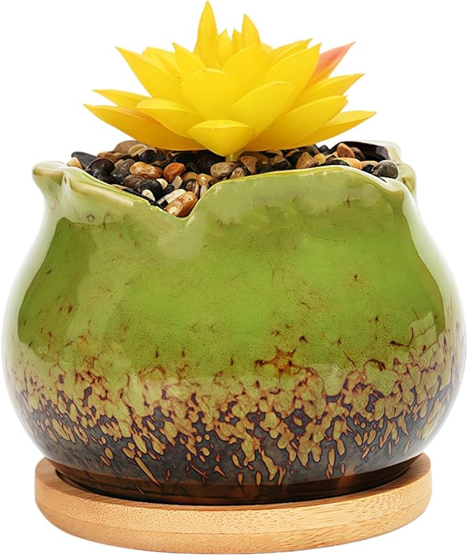 Cute Circular Ceramic Home Garden Decoration Succulent Cactus Flower Pots Container with Bamboo Tray -Plant Not Included (Green, 4 Inch)