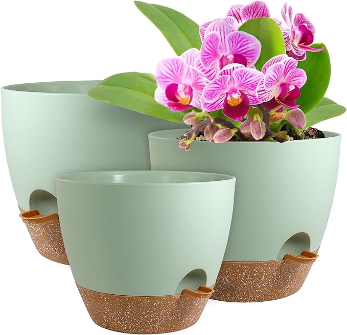 WSMKSZ Big Self Watering Pots 12/10/9 inch, Planter, Plant Pots with Mesh Drainage Holes for Indoor Outdoor Garden Plants, Plastic Flower Pots with Removable Deep Reservoir, Green with Brown