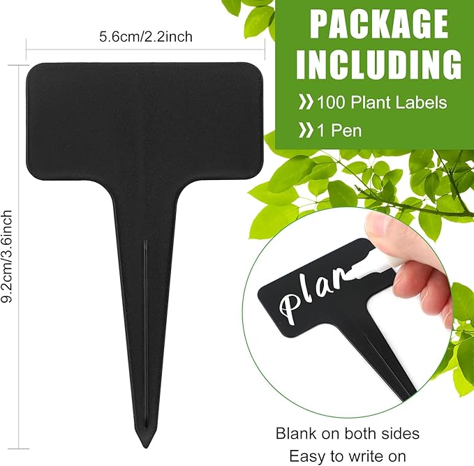 100Pcs T-Type Plant Labels, Black Durable Plastic Plant Tags with A Marker Pen, Reusable Waterproof Plant Markers for Outdoor Nursery Plants Seed