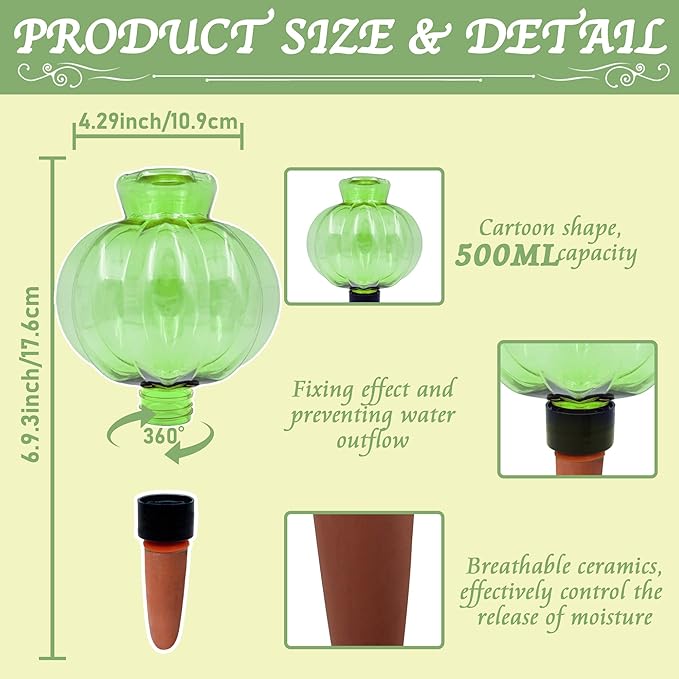 Self Watering Spikes 2 Pack, 16.9oz Large Capacity Plant Watering Globes, Up to 2 Weeks Automatic Watering, Terracotta Irrigation Device for Indoor Plants (Green Lantern Design)