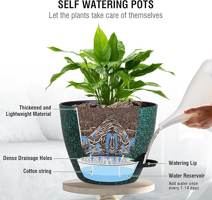Meowell 10 inch Self Watering Hanging Planters, 2 Pack Hanging Flower Pots for Indoor Outdoor Plants, Hanging Baskets with Drainage Holes & 2 Kinds of Plant Hangers for Home Decor, Speckled Black