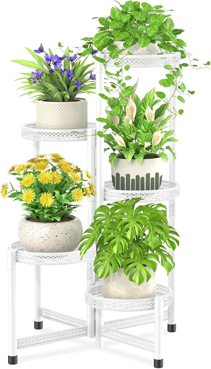 iDavosic.ly Plant Stand Indoor Outdoor, 5 Tier Corner Metal Flower Display Holder Shelf, Folding Tall Orchid Rack for Patio Balcony Porch Garden Living Room House, Wrought Iron - White