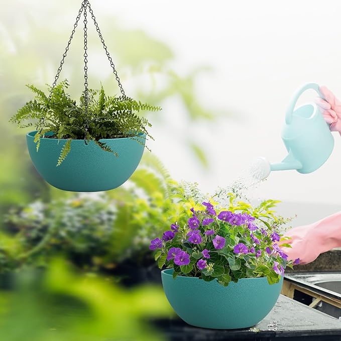 WSMKSZ 13 inch Large Hanging Planters Plant Pots for Outdoor Indoor Plants with Drainage Holes and Chain, 2 Pack Round Hanging Flower Pots for Garden Home Porch Decor, Blue Green