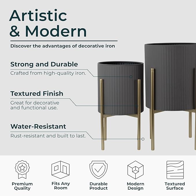 Decorative Flower Pots with Metal Stand for Home Decor - Modern Planters for Hallway, Entryway, and Living Room Decor - Indoor and Outdoor Pots for Plants - Set of 2, 23", 19", Gray & Gold