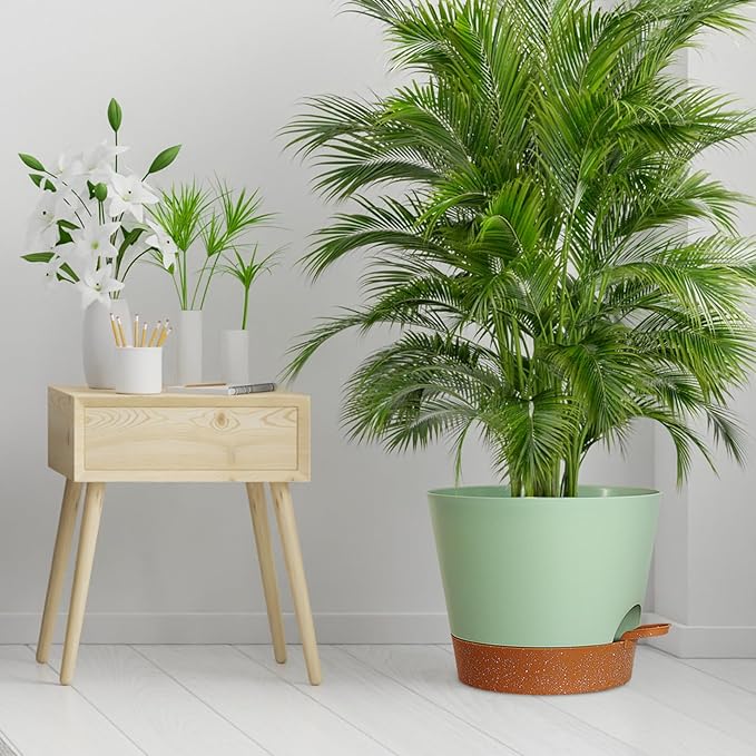 Meowell 12 inch Large Self Watering Pots for Indoor Outdoor Plants, Flower Plant Pots with Drainage Holes for Garden House Plants, Plastic Planters with Reservoir for Home, Green with Brown
