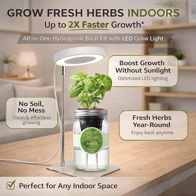 Indoor Herb Garden Kit with LED Grow Light – Hydroponic Mason Jar Basil Growing Kit with Organic Seeds, Self Watering Indoor Gardening System, No Soil Needed, Perfect for Kitchen Windowsill
