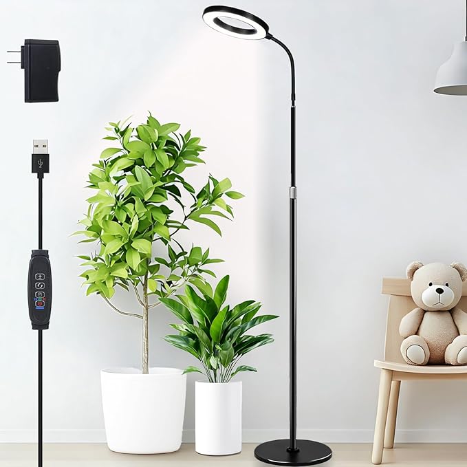 Plant Lights for Indoor Growing, Standing Grow Lights for Indoor Plants, 20w Full Spectrum LED Grow Lamp for Indoor Plants,3/9/12 h Timer,10 Brightness,68" Height Adjustable, Black