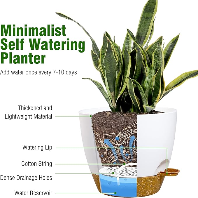 WSMKSZ 10 inch Self Watering Pots, 2 Pack Plastic Planters with Mesh Drainage Holes for Garden Plants, Plants Pots with Deep Reservoir for Indoor Outdoor Plants, White with Brown