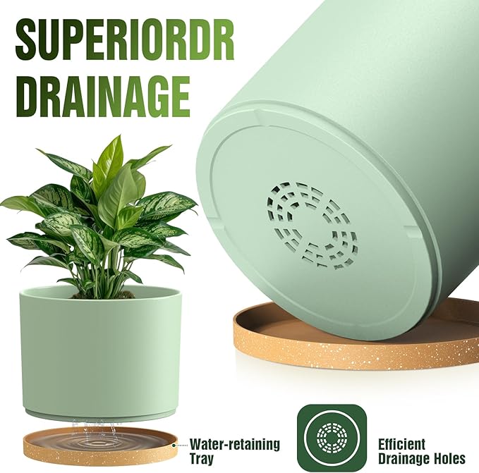 10/9/8 Inch Large Plant Pots with Drainage Holes and Trays, 3 Pack Modern Minimalist Cylinder Planters for Monstera, Snake Plant, Indoor Outdoor (Matte Green & Brown)