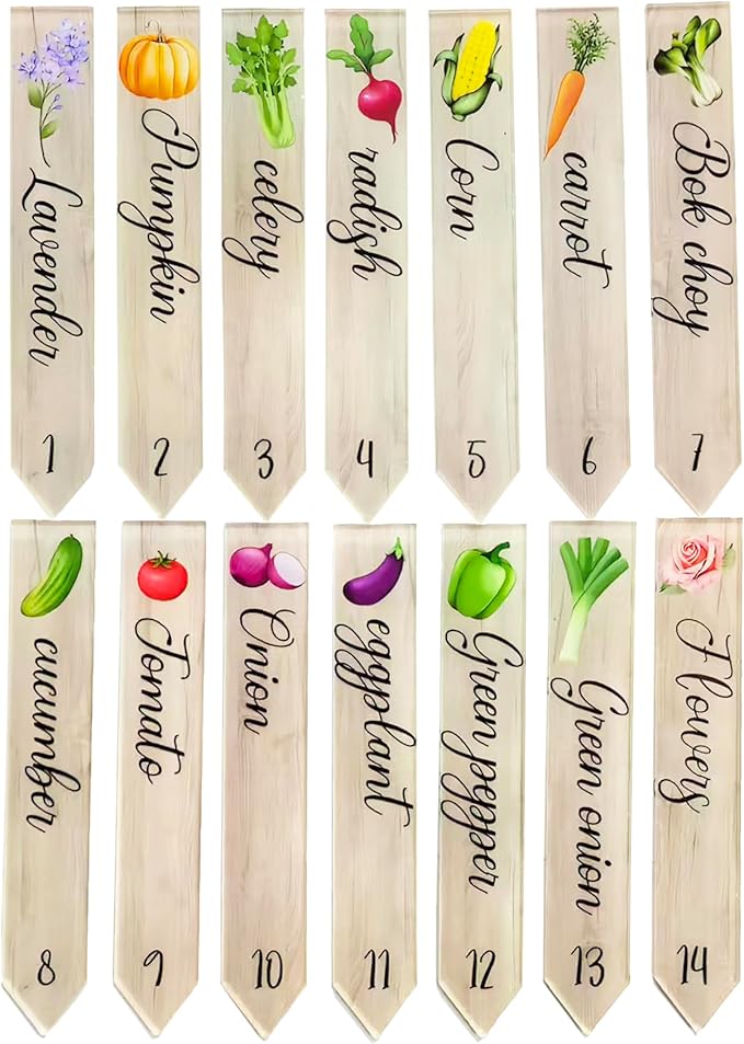 Prudance 14Pcs Acrylic Garden Plant Markers,Faux Wood Pattern Vegetable Stakes,Weatherproof Plant Labels with Printed Images and Names for Indoor Pots,Raised Beds and Outdoor Gardening 5.9x1inch